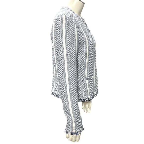 Adrienne Vittadini Small Woven Cotton Fringe Tweed Zip Jacket Blue White New Tag - Picture 7 of 16
